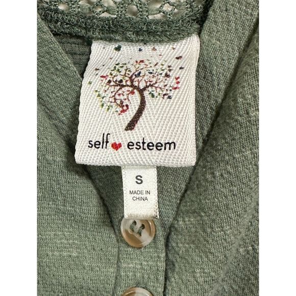 Self Esteem BOHO Lace Sleeveless Tank Olive Green Deep V Button Neckline Size S - Picture 2 of 3